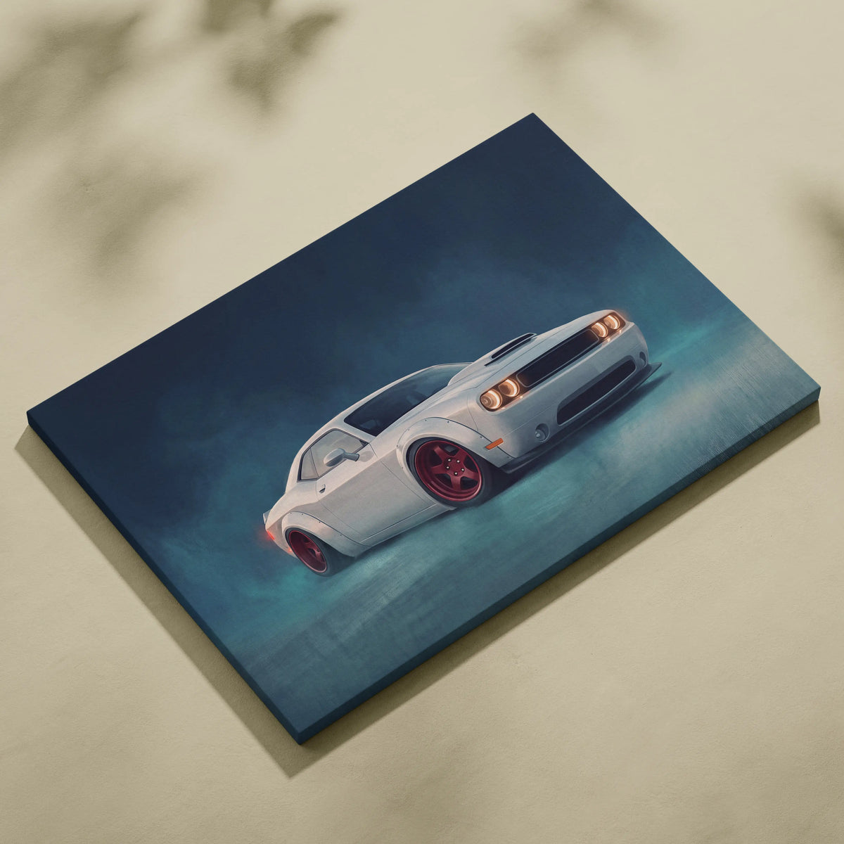 Dodge challenger inspired automotive canvas print featuring a white coupe with red wheels and glowing headlights