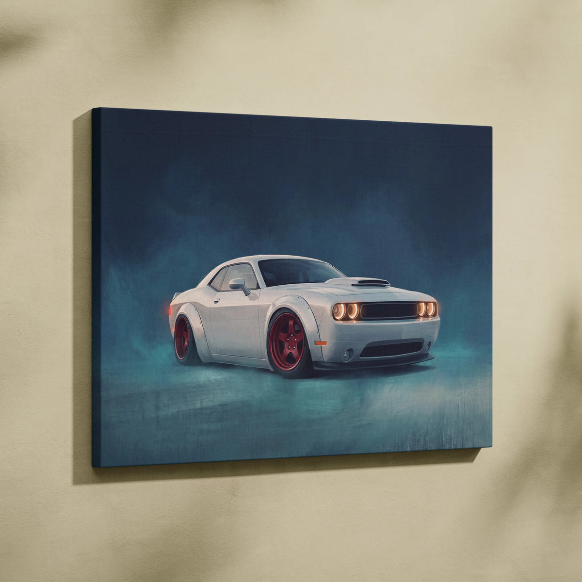 Dodge challenger inspired automotive canvas print featuring white coupe with red wheels wall art on canvas