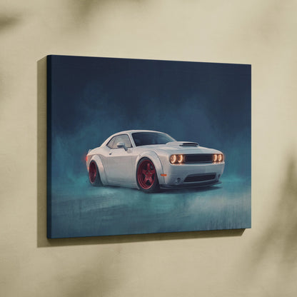 Dodge challenger inspired automotive canvas print featuring white coupe with red wheels wall art on canvas