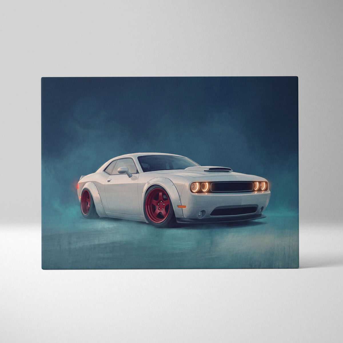 Dodge challenger inspired automotive canvas print featuring white coupe with red wheels stylized wall art