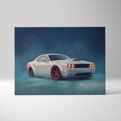 Dodge challenger inspired automotive canvas print featuring white coupe with red wheels stylized wall art