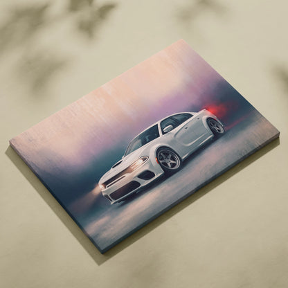 Dodge Charger Inspired Automotive Wall Art, White Muscle Car Canvas Print