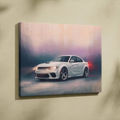 Dodge Charger Inspired Automotive Wall Art, White Muscle Car Canvas Print