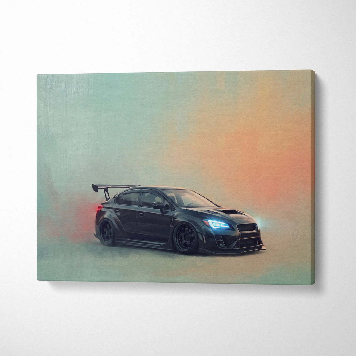 Black subaru wrx sti canvas art featuring a sporty sedan with glowing headlights and rear spoiler for bedroom decor