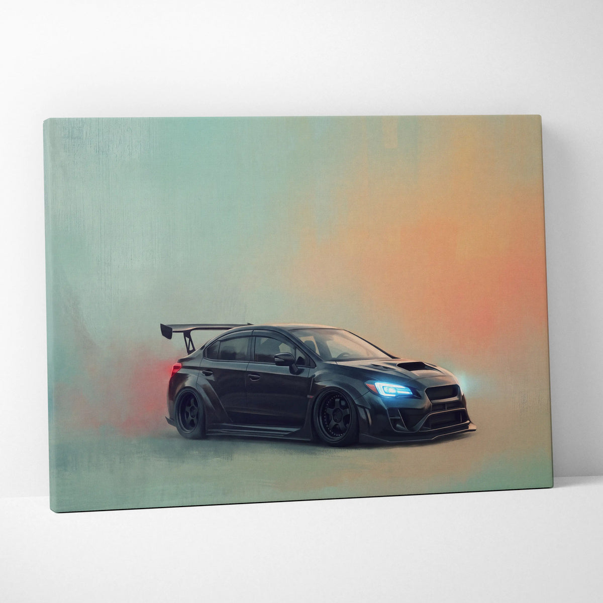 Subaru WRX STI inspired canvas art featuring a black sporty sedan with blue headlights and rear spoiler for wall decor