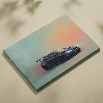 Black sports car illustration with glowing blue headlights on canvas inspired by Subaru WRX STI rally tuner decor