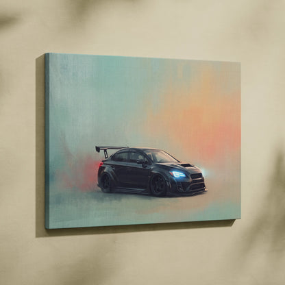 Black subaru wrx sti sports car canvas print with glowing blue headlights and rear spoiler for bedroom wall decor