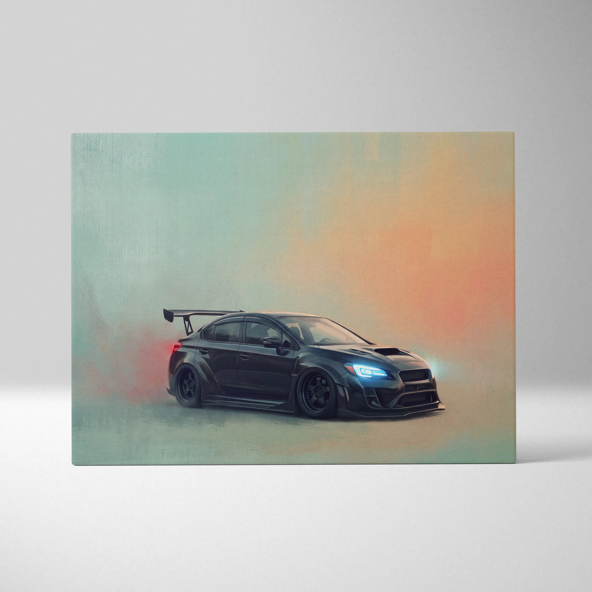 Subaru wrx sti inspired automotive canvas art featuring a black sports car with rear spoiler and aggressive grille
