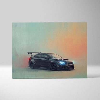 Subaru wrx sti inspired automotive canvas art featuring a black sports car with rear spoiler and aggressive grille