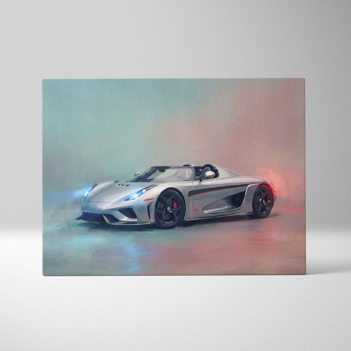 Silver koenigsegg agera rs sports car with black wheels and red brake calipers in dynamic koenigsegg regera inspired canvas art