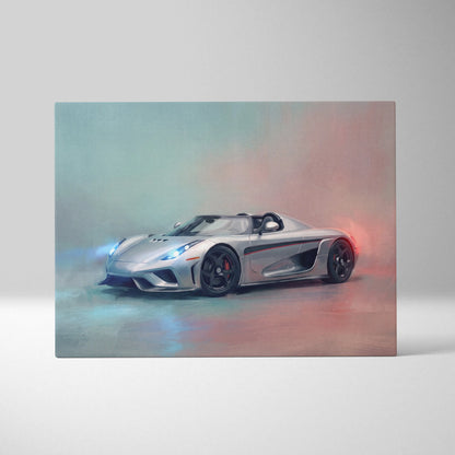 Silver koenigsegg agera rs sports car with black wheels and red brake calipers in dynamic koenigsegg regera inspired canvas art