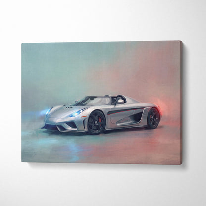 Silver koenigsegg hypercar with glowing blue and red accents on a dynamic painterly canvas print wall decor