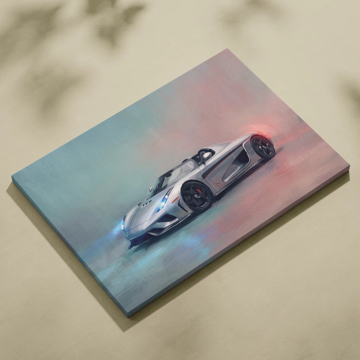 Silver koenigsegg hypercar canvas art with dynamic blue and pink motion blur premium automotive wall decor