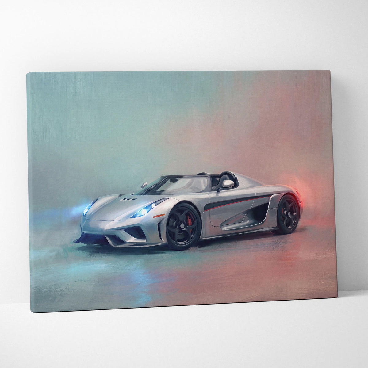 Koenigsegg regera inspired canvas art featuring silver koenigsegg agera rs with black wheels and red accents