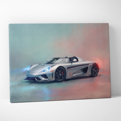 Koenigsegg regera inspired canvas art featuring silver koenigsegg agera rs with black wheels and red accents