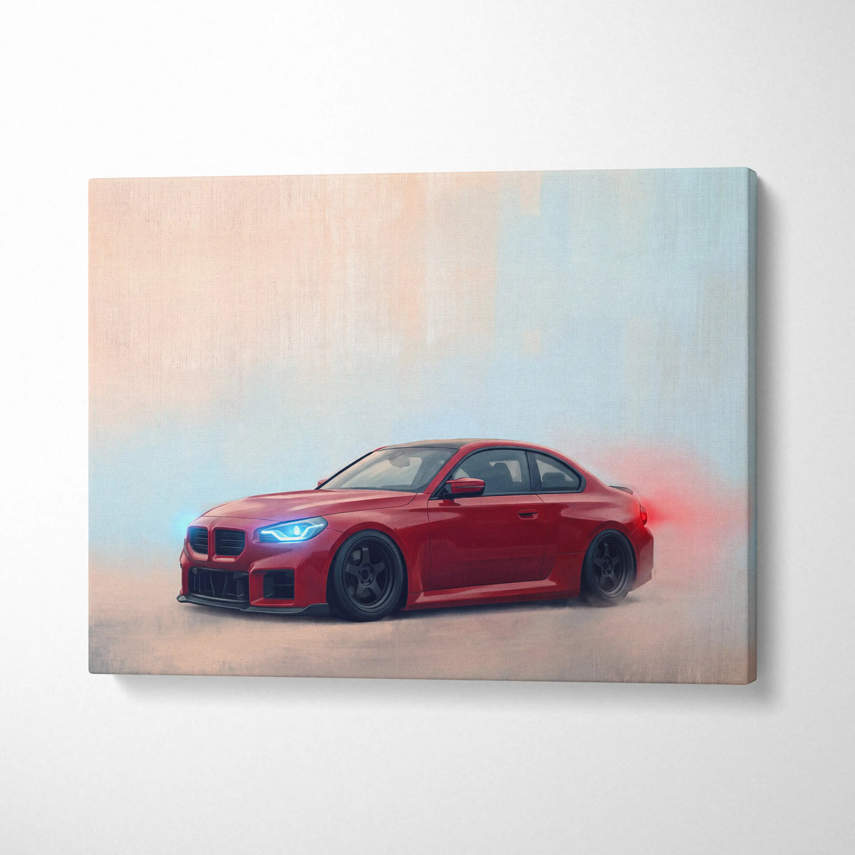 Red BMW M2 coupe canvas print with glowing blue headlights and black rims for automotive wall art