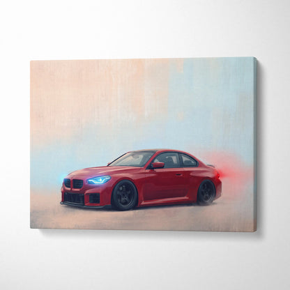 Red BMW M2 coupe canvas print with glowing blue headlights and black rims for automotive wall art