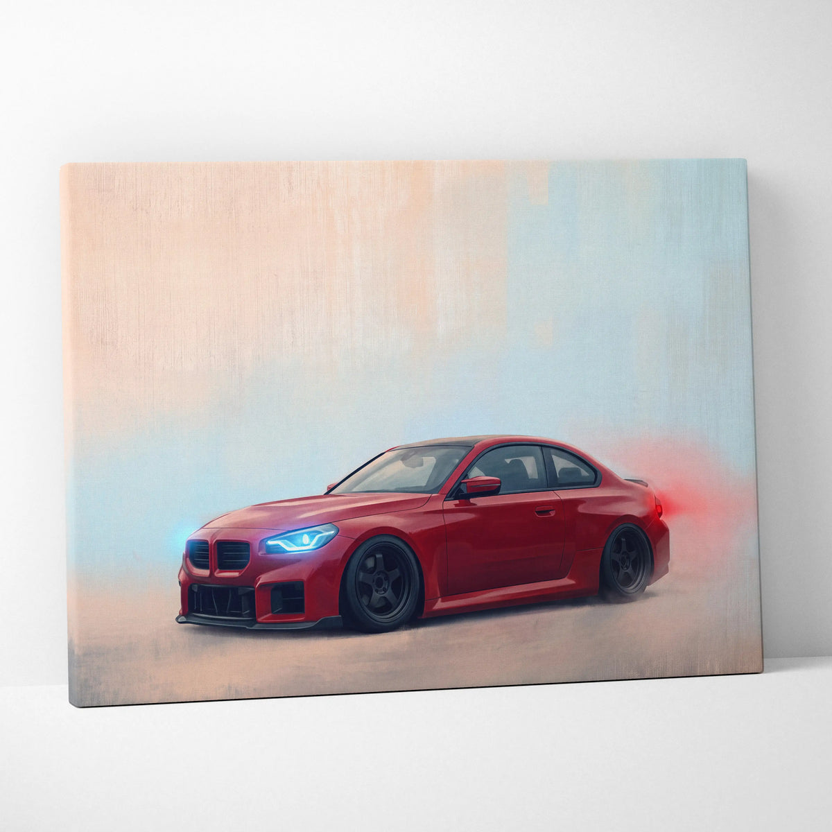 Red BMW M2 coupe canvas print with glowing blue headlights and black rims in classic German sports car wall art