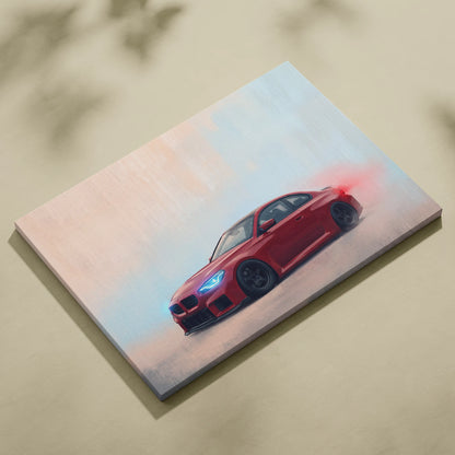 Red BMW M2 inspired sports car canvas art print with glowing blue headlights and smoke effect wall decor