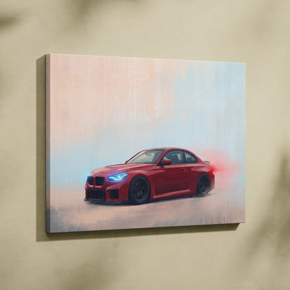 Red bmw m2 sports car canvas print with glowing blue headlights and black rims automotive wall art print