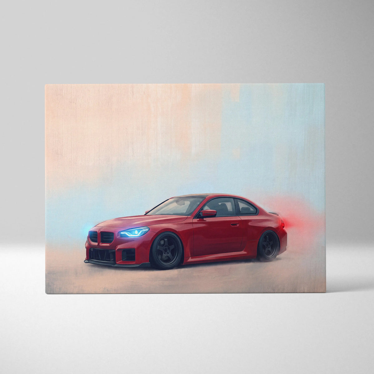 Red bmw m2 coupe with black rims and glowing blue headlights in stylized automotive wall art canvas print