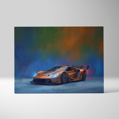 Ford gt inspired car wall art canvas painting print of orange sports car with glowing blue headlights and aerodynamic design