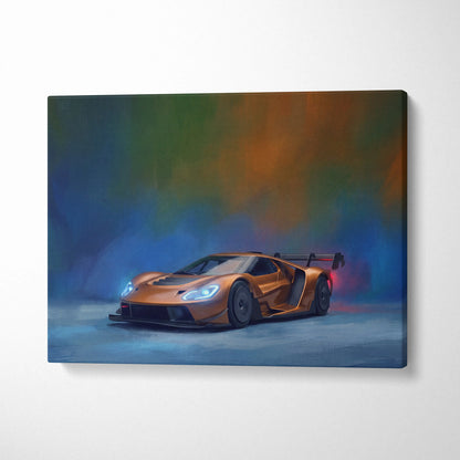 Ford GT inspired car wall art glossy orange sports car canvas print with sleek aerodynamic design and rear spoiler