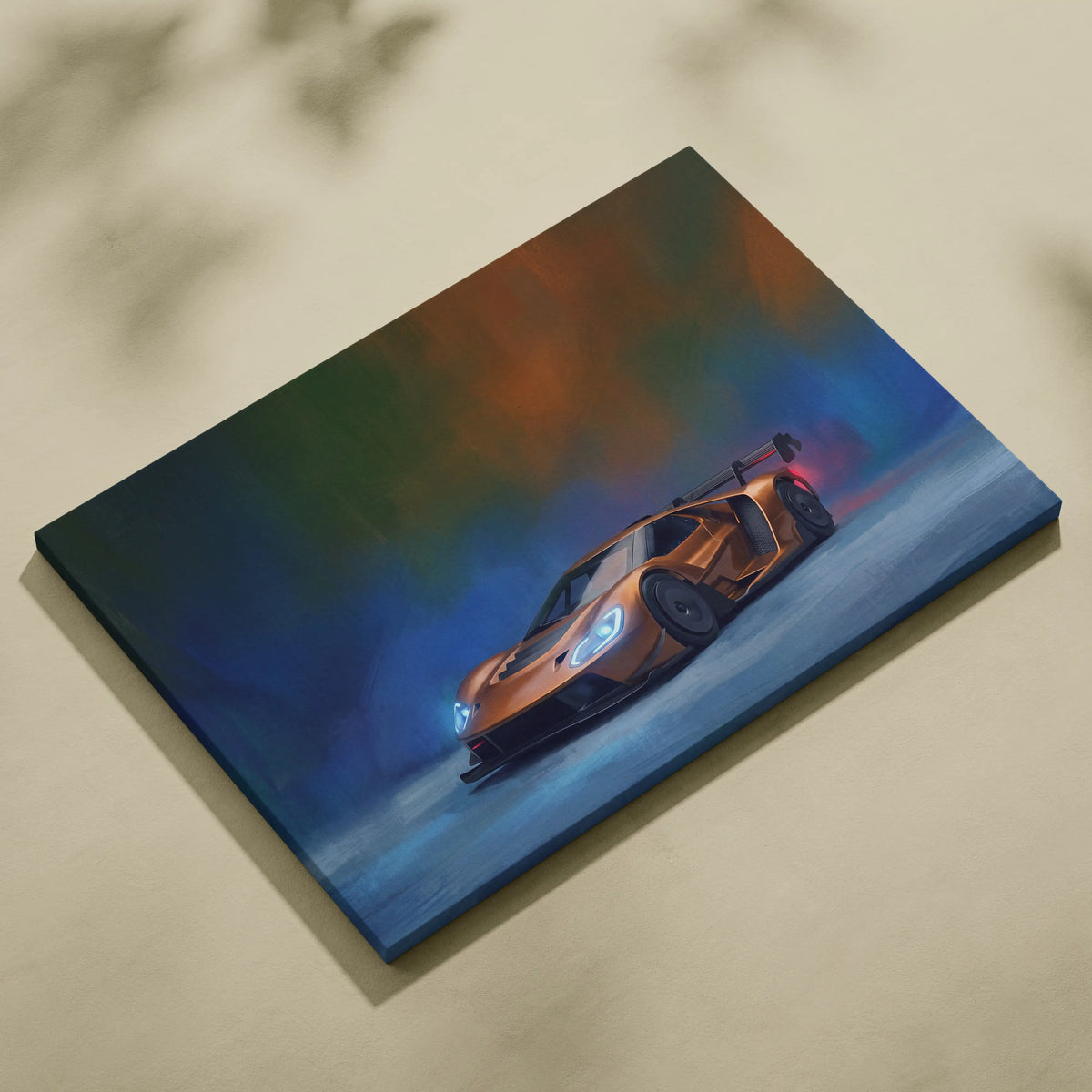 Ford GT inspired orange racing car canvas print with glowing headlights and dynamic colorful track edition background