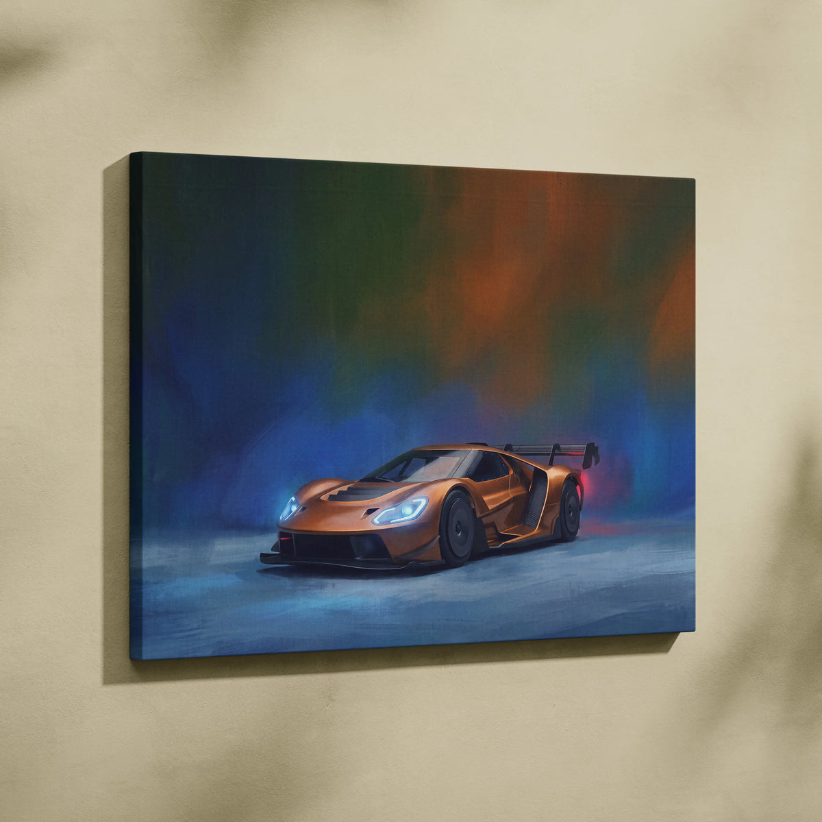 Orange ford gt inspired sports car in dynamic stylized canvas painting track edition wall art print