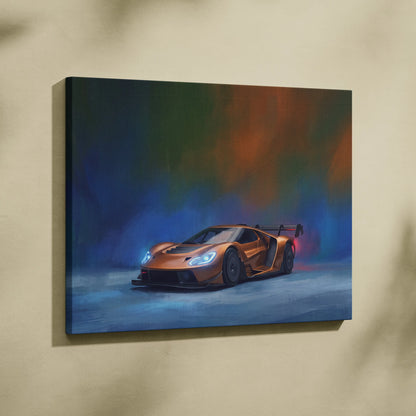 Orange ford gt inspired sports car in dynamic stylized canvas painting track edition wall art print