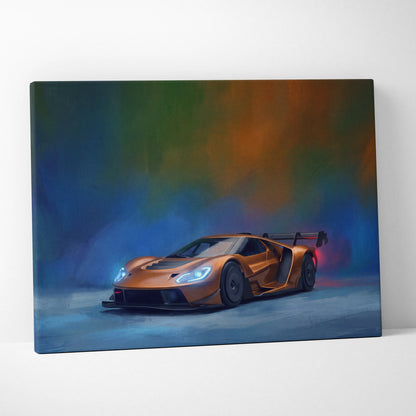 Vibrant orange ford gt inspired sports car wall art featuring dynamic stylized canvas painting print track edition