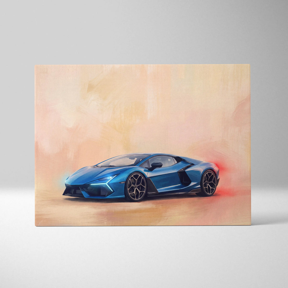 Vibrant blue lamborghini sports car illustration on canvas premium automotive wall decor for car enthusiasts