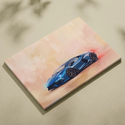 Blue Lamborghini Revuelto inspired canvas art featuring sleek sports car design with black rims and red exhaust flames on peach background