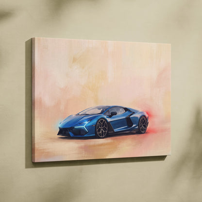 Blue Lamborghini sports car painting on canvas inspired by Lamborghini Revuelto premium automotive wall decor