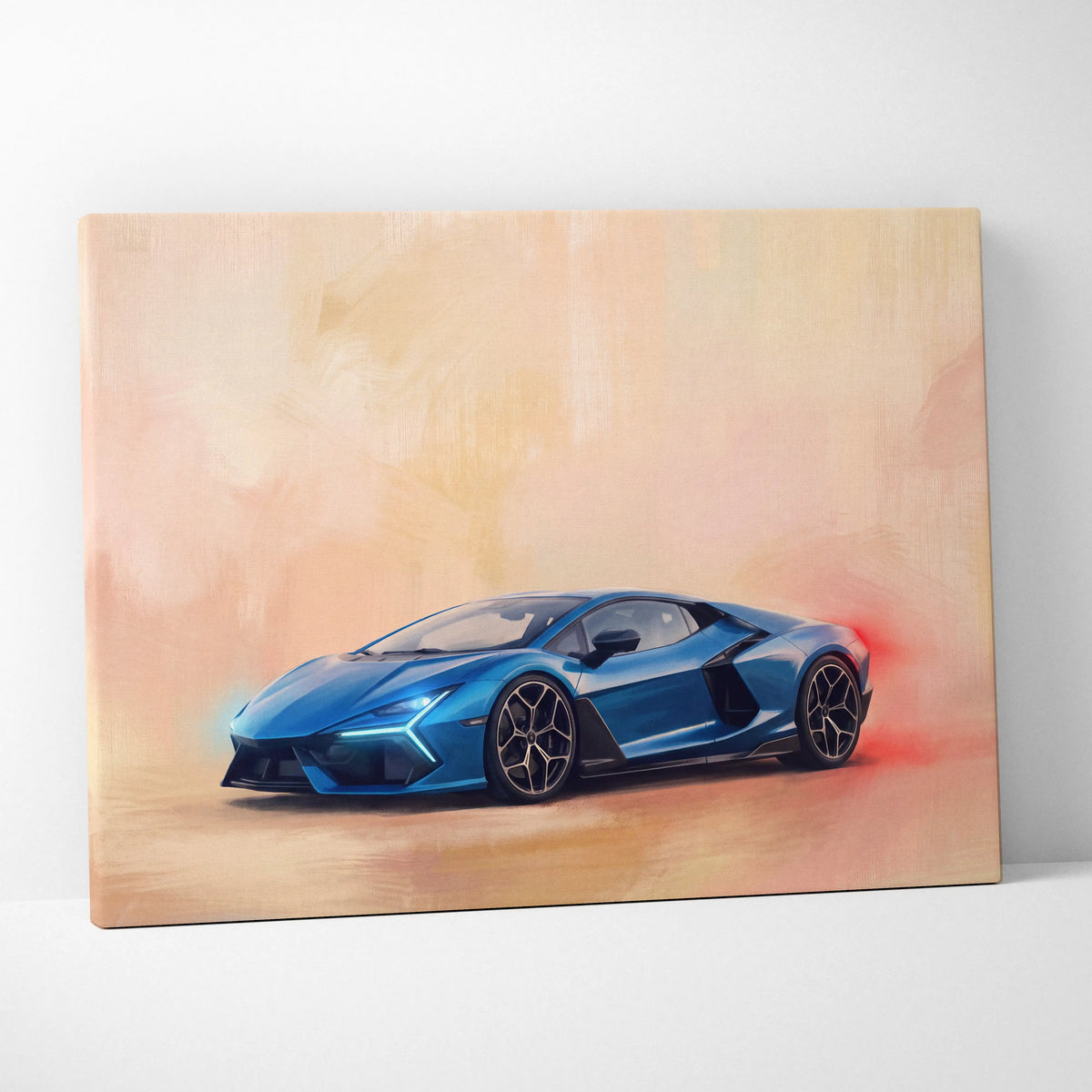 Vibrant blue Lamborghini Aventador oil painting canvas art inspired by Lamborghini Revuelto for premium wall decor