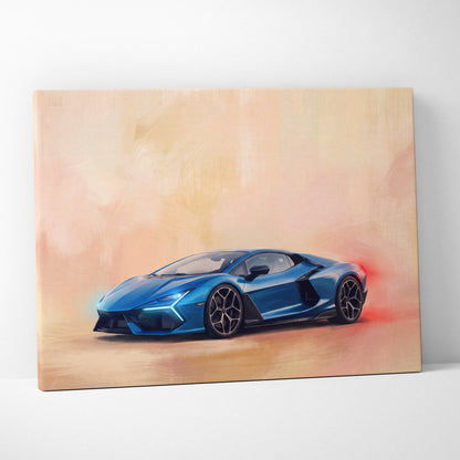 Vibrant blue Lamborghini Aventador oil painting canvas art inspired by Lamborghini Revuelto for premium wall decor