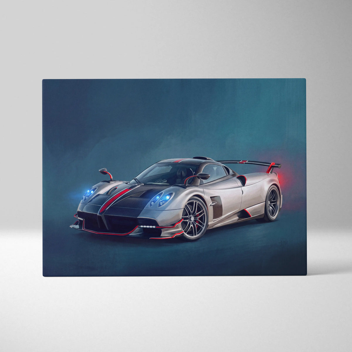 Silver and black pagani huayra bc sports car with red stripes and blue headlights on luxury supercar canvas print