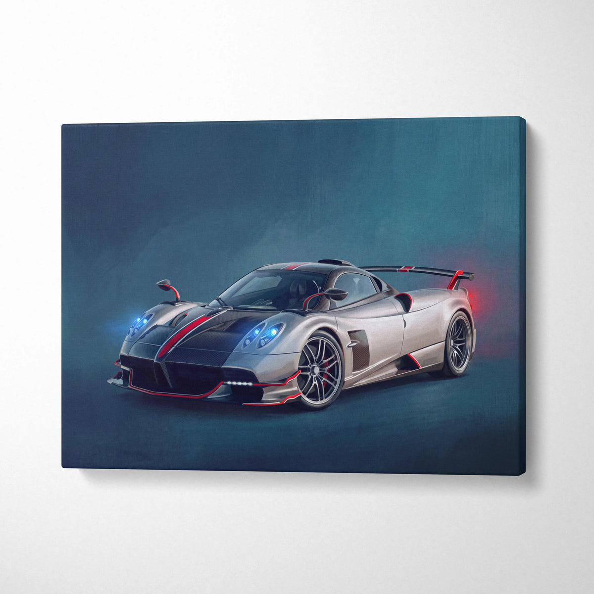 Pagani Huayra BC inspired silver and black sports car canvas print with red accent stripes luxury automotive wall art