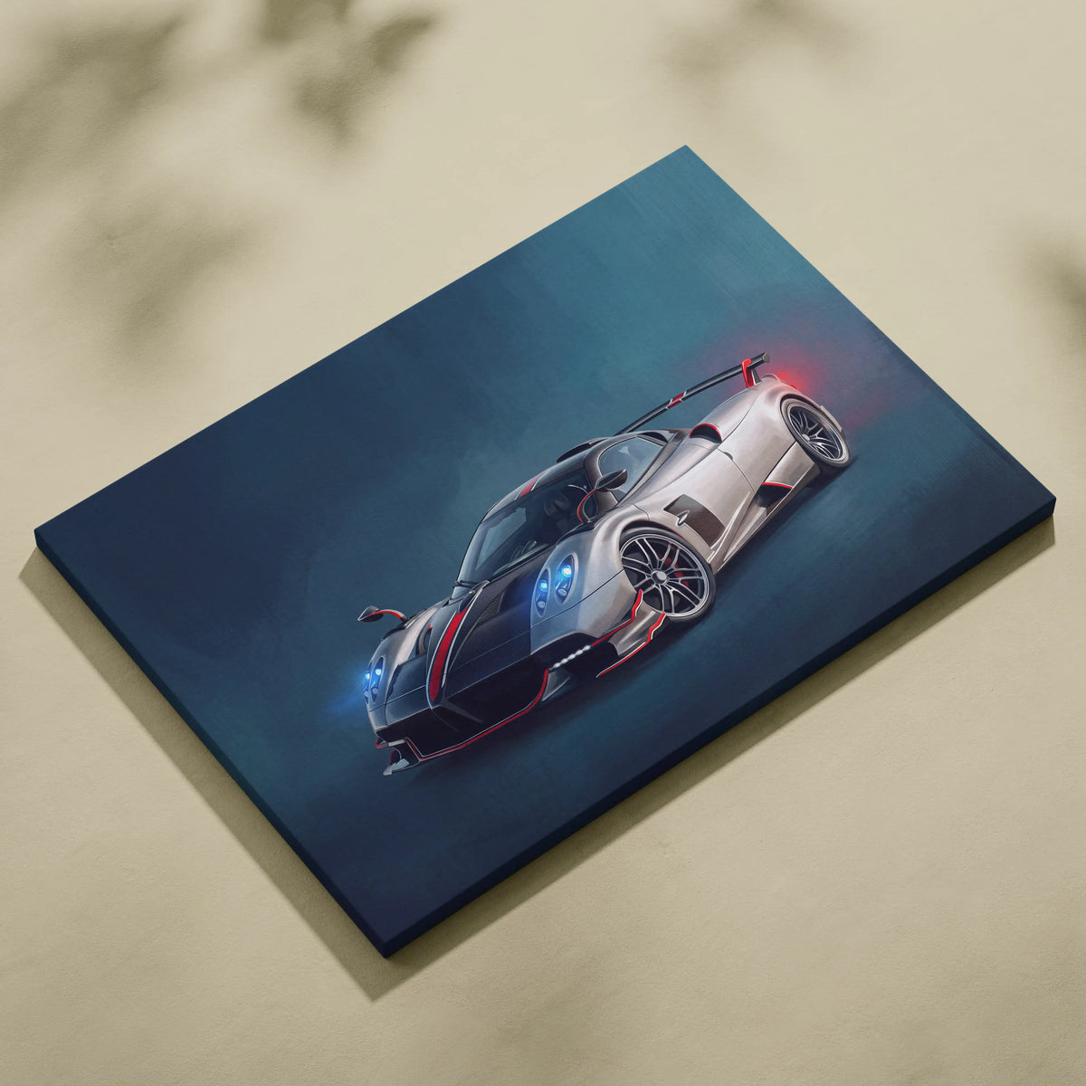 Pagani Huayra BC inspired silver and black sports car canvas print with red stripes blue headlights and rear spoiler