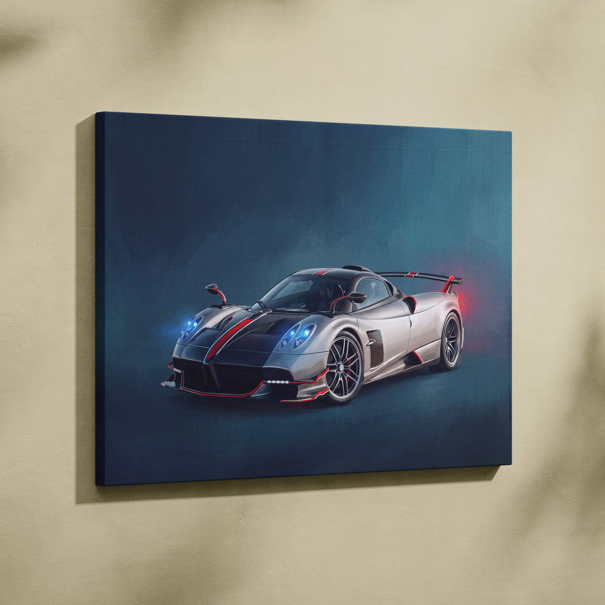 Silver and black Pagani Huayra BC sports car canvas print with red accents luxury supercar wall art decor