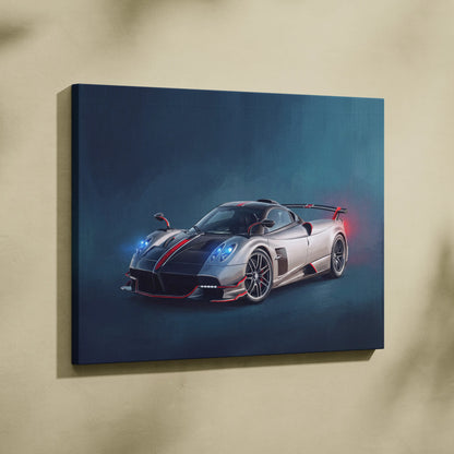 Silver and black Pagani Huayra BC sports car canvas print with red accents luxury supercar wall art decor