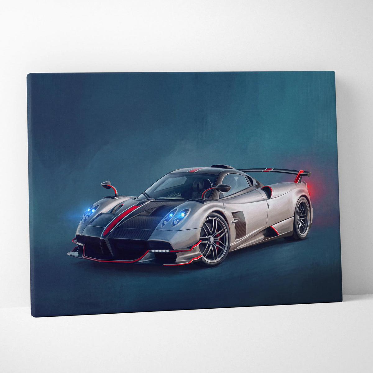 Silver and black pagani huayra bc sports car canvas print with red accent stripes for luxury automotive wall art