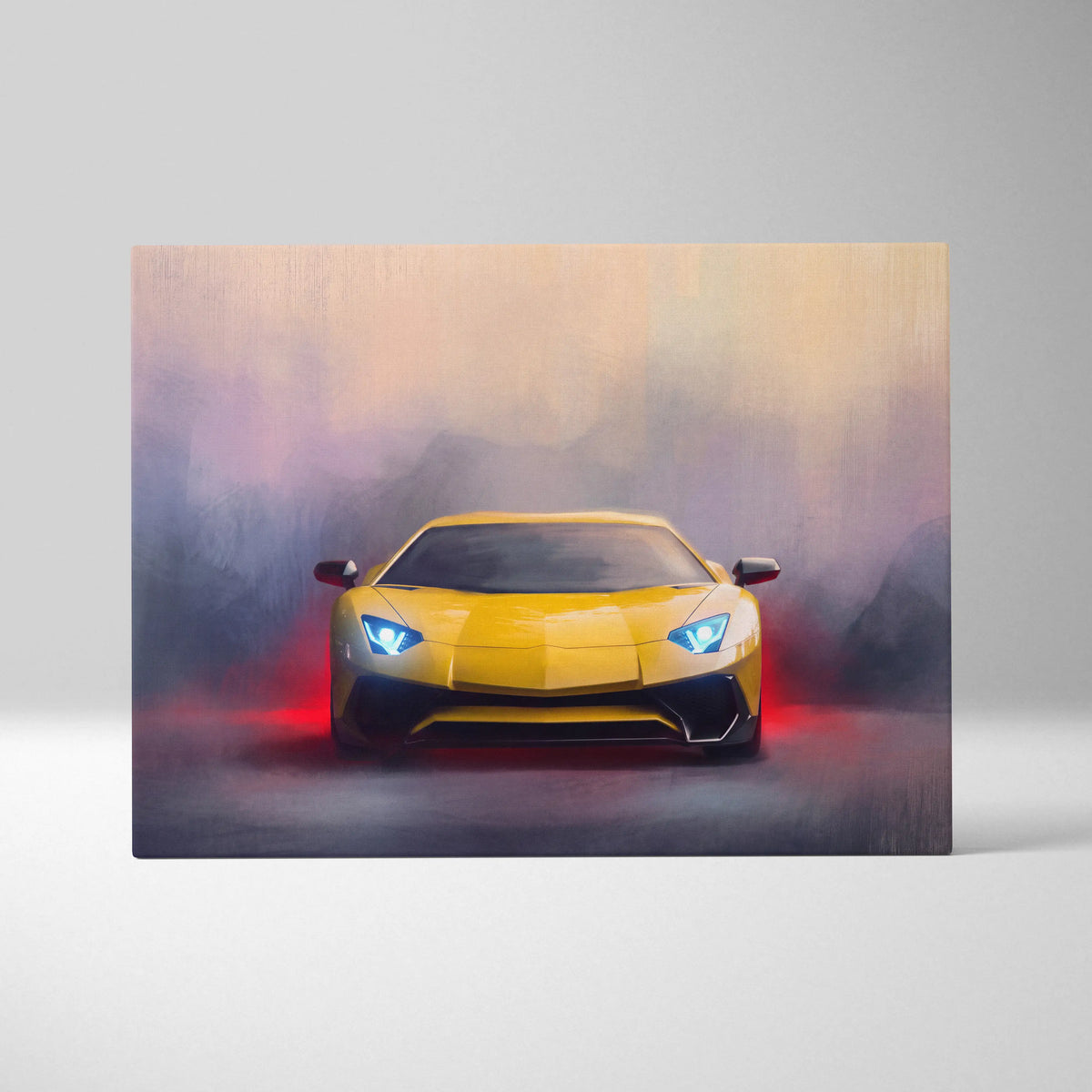 Lamborghini aventador inspired supercar canvas art featuring vibrant yellow sports car with blue headlights and red underglow smoke effect