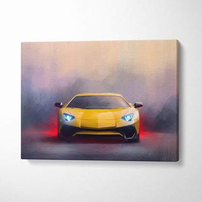 Vibrant yellow Lamborghini Aventador inspired supercar canvas art featuring dynamic smoky design for wall decor