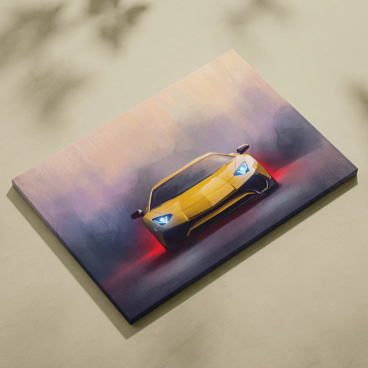 Yellow lamborghini aventador canvas art with glowing blue headlights and red underglow on smoky gradient background