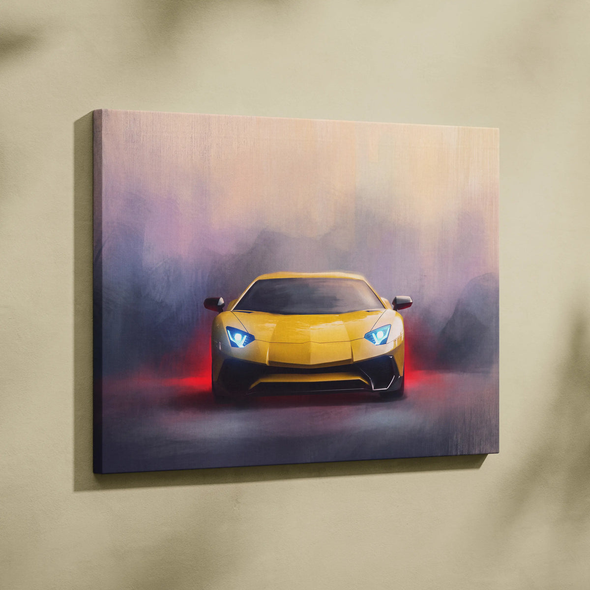 Vibrant yellow lamborghini aventador sports car painting with glowing blue headlights and red underglow on stretched canvas