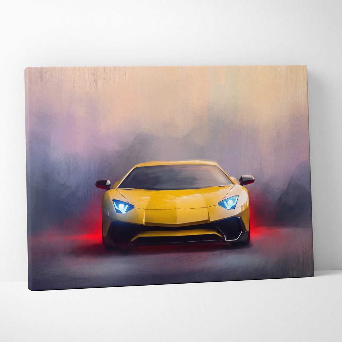 Vibrant yellow Lamborghini Aventador sports car painting with glowing blue headlights on a stretched canvas wall art print