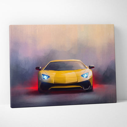 Vibrant yellow Lamborghini Aventador sports car painting with glowing blue headlights on a stretched canvas wall art print