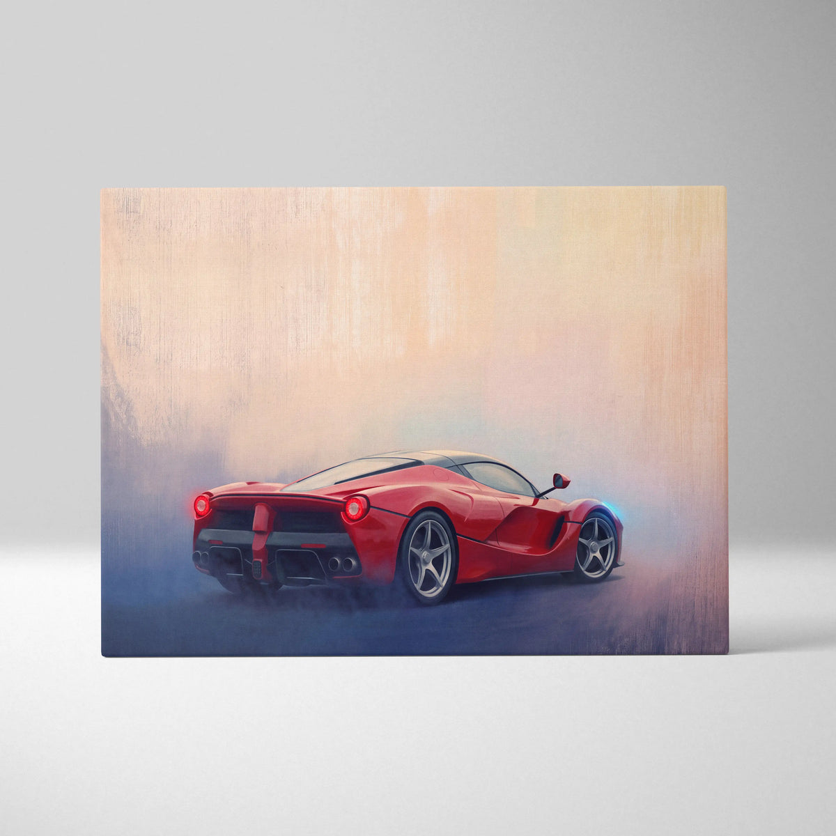 Vibrant red Ferrari LaFerrari inspired car wall art with dynamic smoky effect on canvas painting print track edition
