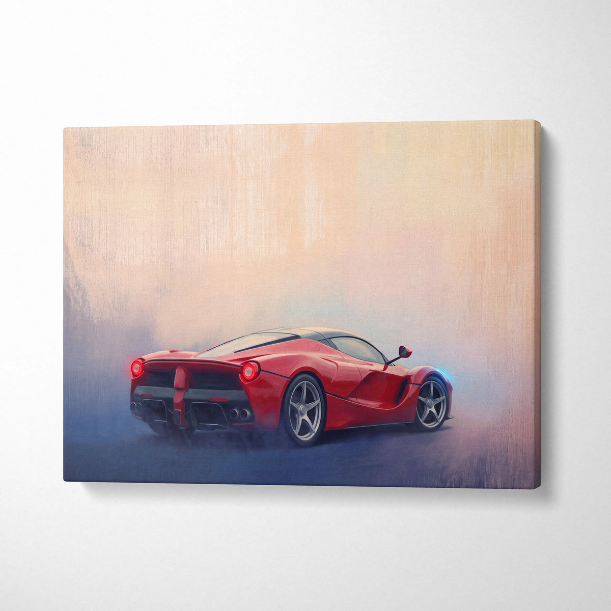 Vibrant red Ferrari LaFerrari sports car rear three-quarter view on canvas wall art track edition painting print
